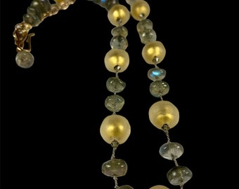 Contemporary Vintage Necklace Gold Leaf Lampwork Beads Labradorite Gemstone Beads 10-12k Chain And Hook