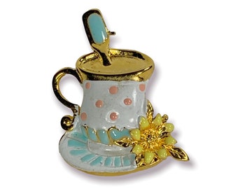 Danecraft Tea Cup Pin Cute Vintage Figural Enamel Floral Detail