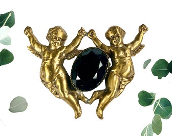 Cherubs Brooch Stamped Brass Angels Jet Black Rhinestone Rococo Revival