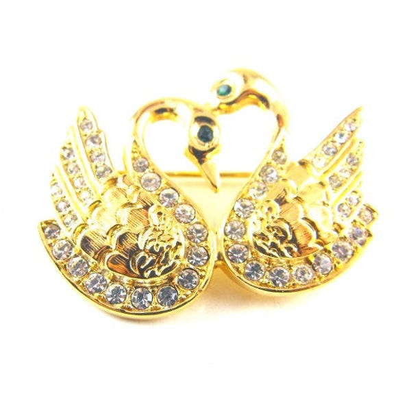 Brooch Vintage Swans Rhinestone Gold Tone Pin Pave Set Clears Loving Couple Fanciful Figural Jewelry Pin