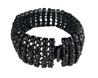 Black Rhinestone Bracelet Wide Multi Row Japanned Black Metals