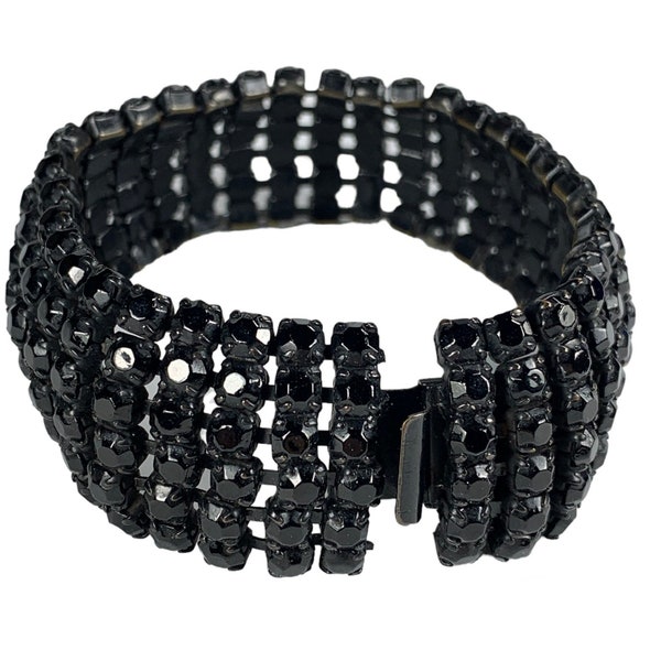 Black Rhinestone Bracelet Wide Multi Row Japanned Black Metals