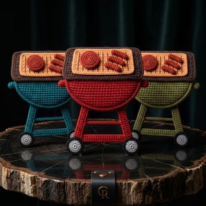May include: Three crocheted grill toys in teal, red, and olive green. Each features a brown frame, a light orange grill grate, and stitched red food items including a circular patty and three small sausages. The grills stand on four small wheels.