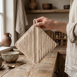 May include: A beige, square pot holder with a hanging loop. The pot holder is made from a textured, woven material with vertical ribbing. The pot holder is held by a person in a kitchen setting, with wooden surfaces.