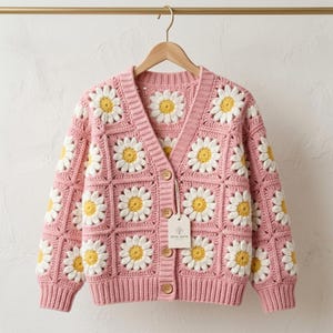 Puede incluir: Un cárdigan de ganchillo rosa con un patrón repetitivo de margaritas blancas y amarillas. La prenda tiene cuello en V, mangas largas y cierre frontal con cuatro botones de madera de color claro. Incluye una etiqueta blanca con el nombre Petal Knits.