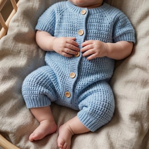 Può includere: Un pagliaccetto per neonati in maglia blu chiaro con maniche e gambe corte. Il pagliaccetto ha una trama a nido d'ape e si chiude con bottoni in legno. Il bambino è sdraiato su una coperta color neutro.
