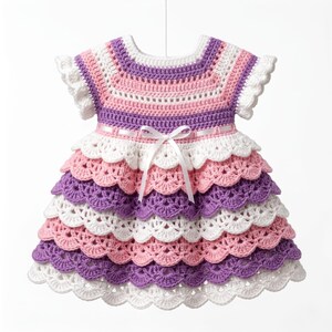 May include: A crochet dress featuring a round neckline and short ruffled sleeves. The bodice has horizontal stripes in purple, pink, and white. The skirt consists of multiple layered scalloped tiers in white, pink, and purple, accented by a white ribbon bow.