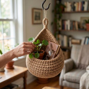 Puede incluir: Una cesta colgante de ganchillo beige con una pequeña planta en maceta, un libro encuadernado en cuero y gafas. La cesta está suspendida de un gancho de metal negro. La cesta está llena de objetos, lo que sugiere un tema de decoración hogareña acogedor.