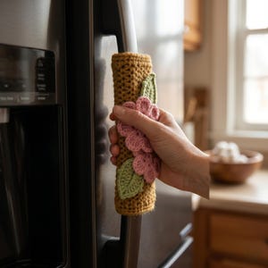 May include: Mustard yellow crochet refrigerator handle cover with pink and green floral accents. The cover is cylindrical and is being held on a stainless steel refrigerator door.