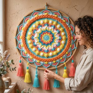 Pode incluir: Uma vibrante tapeçaria de mandala de crochê feita à mão. O design circular apresenta padrões concêntricos em tons de laranja, amarelo, azul e branco, com borlas decorativas em cores correspondentes. A mandala é suspensa em um aro de madeira.