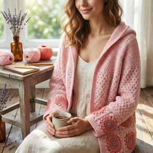 May include: A light pink crochet hooded cardigan featuring a floral granny square pattern on the sleeves and lower body. The garment is worn over a simple light-colored dress, and the sleeves are finished with a textured, repeating flower motif.