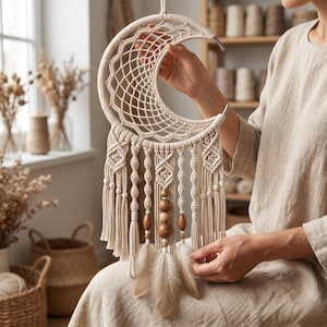 May include: Cream-coloured macrame dream catcher in a crescent moon shape. The handmade wall hanging features a woven web, decorative knots, wooden beads, and soft feathers. The dream catcher is suspended by a natural fibre cord.