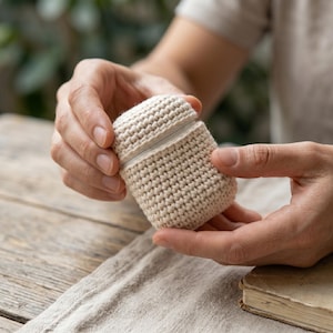 May include: A beige crochet protective case for wireless earbuds. The case features a textured, hand-stitched yarn pattern that covers the exterior of the charging unit, with a visible seam where the lid meets the base of the device.