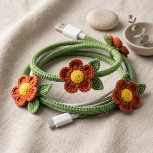 May include: A white USB charging cable wrapped in green crochet, adorned with crocheted orange flowers with yellow centers and green leaves. The cable is designed to look like a vine with flowers.