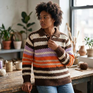 May include: A crochet polo sweater with horizontal stripes in brown, white, orange, and lavender. The sweater has a brown collar and cuffs, and a button closure at the neckline. The sweater is made of a chunky, open-weave yarn.