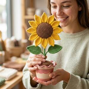 Patrón de ganchillo en PDF para maceta de girasol, planta de girasol amigurumi, maceta de flores de ganchillo DIY, decoración de escritorio, manualidad de girasol en maceta, regalo para principiantes