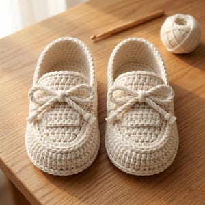 Könnte beinhalten: Ein Paar cremefarbene, gehäkelte Loafer mit dekorativen Schleifen. Die Schuhe sind aus strukturiertem Garn gefertigt und haben ein klassisches Loafer-Design. Ein Knäuel Garn und eine Häkelnadel befinden sich im Hintergrund.
