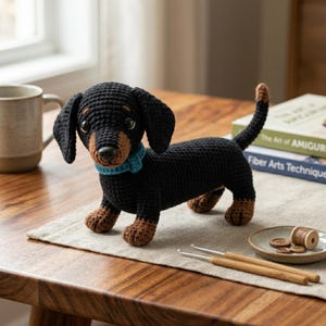 Peut inclure: Une figurine de teckel au crochet avec un corps noir, des pattes marron, un museau marron et un collier bleu vif. Le chien possède de grands yeux sombres et une longue queue. Il est réalisé avec des mailles visibles et une pose réaliste.
