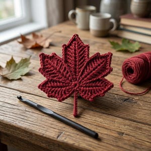 May include: A dark red crocheted maple leaf with a textured, ribbed surface and a central stem, positioned next to a black crochet hook and a ball of matching dark red yarn, showcasing the intricate yarn work and detailed leaf structure.