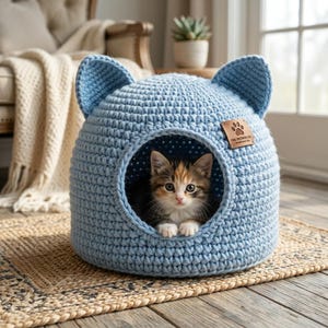 Pode incluir: Uma cama de gato em crochê azul claro com duas orelhas pontiagudas no topo e uma abertura circular. Dentro, um gatinho calico está sentado. Uma pequena etiqueta de couro marrom na frente apresenta uma pata e o texto THE PETZEN CO. HANDCRAFTED.