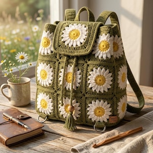 Può includere: Uno zaino fatto a mano in uncinetto verde oliva con un motivo floreale a margherite bianche e centri gialli. Lo zaino presenta una chiusura a coulisse con nappa in perline di legno, una patta superiore e un'etichetta con scritto Mira's Stitches.