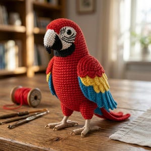 Puede incluir: Un loro guacamayo de ganchillo con un cuerpo rojo vibrante, plumas de alas amarillas y azules, una mancha blanca en la cara con marcas negras alrededor de los ojos y un pico negro. El ave se sostiene sobre patas envueltas en beige claro.