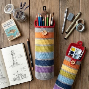 May include: Two cylindrical crochet cases with horizontal stripes in orange, yellow, green, blue, purple, and gray. One case holds colored pencils and a brush, while the other contains a small watercolor paint set and a brush, both secured with a button.