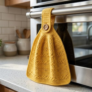 May include: A mustard yellow crocheted hanging kitchen towel featuring a textured cable knit pattern and a single brown wooden button closure. The towel is draped over a stainless steel oven handle, showcasing a dense, intricate yarn construction.