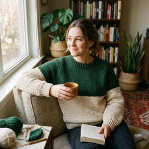 May include: A green and beige crochet sweater. The top half is green, and the bottom half and sleeves are beige. The person is holding a cup of tea and a book. The sweater is handmade and cozy.