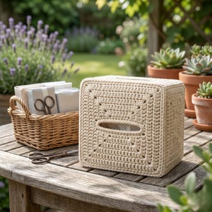 May include: A beige, square crochet tissue box cover with an oval opening. A wicker basket with scissors and wrapped gifts sits to the left. The scene is set outdoors on a wooden table with potted plants in the background.