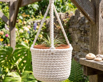 Anfänger häkeln Pflanzenaufhänger Muster PDF | Makramee Stil Blumenampel | Einfach Boho Wohndekor