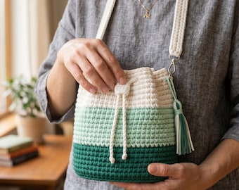 Häkelanleitung für Beuteltasche, Beutel aus T-Shirt-Garn mit Kordelzug (PDF Download)