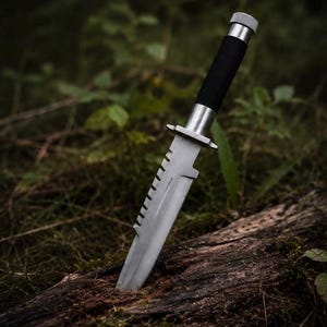 May include: A survival knife with a silver-toned blade featuring a serrated spine and a crossguard. The handle is black with a metallic pommel cap. The blade is embedded into a dark, textured log, showcasing a pointed tip and a straight edge.