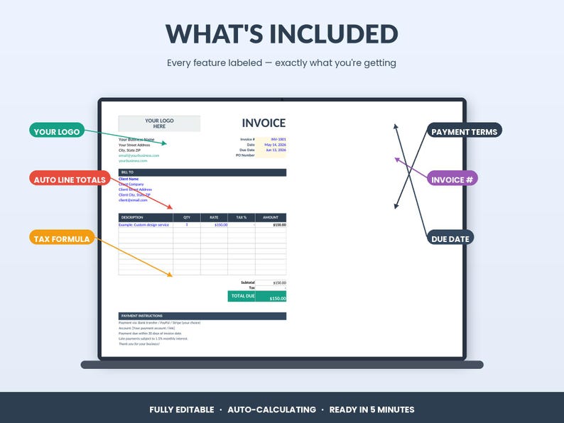 Auto-calculating Invoice Template | Excel, Google Sheets (digital ...