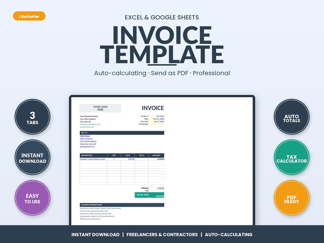 Auto-calculating Invoice Template | Excel, Google Sheets (digital ...