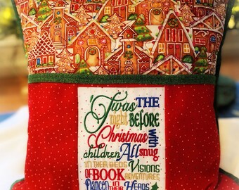Twas the Night Before Christmas Reading Pillow- Quilted & Embroidered Lined Pocket Christmas Reading Keepsake Pillow with insert