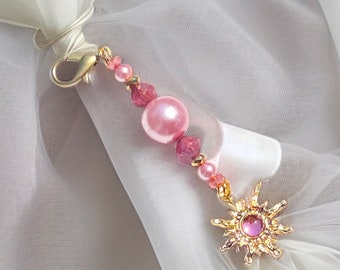 Zipper Charm, Pink Gold Sunburst, Dangle, Czech Beads, Purse Charm, Journal Charm, Scissor Fob, Stitch Marker-Inc. Ivory Organza Gift Bag