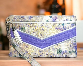 Lavendar Floral Wristlet, Make Up Bag, Zippered Pouch, Handmadelined Quilted & Embroidered detachable Wristlet strap, 5 3/8 x 8 1/2 inches