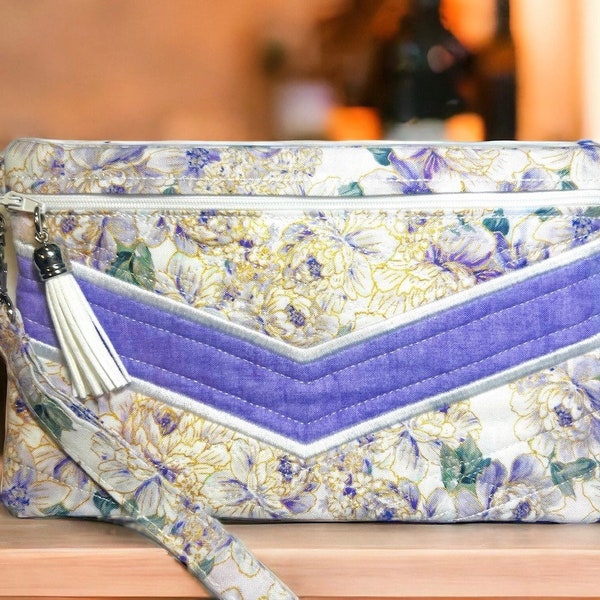 Lavendar Floral Wristlet, Make Up Bag, Zippered Pouch, Handmadelined Quilted & Embroidered detachable Wristlet strap, 5 3/8 x 8 1/2 inches