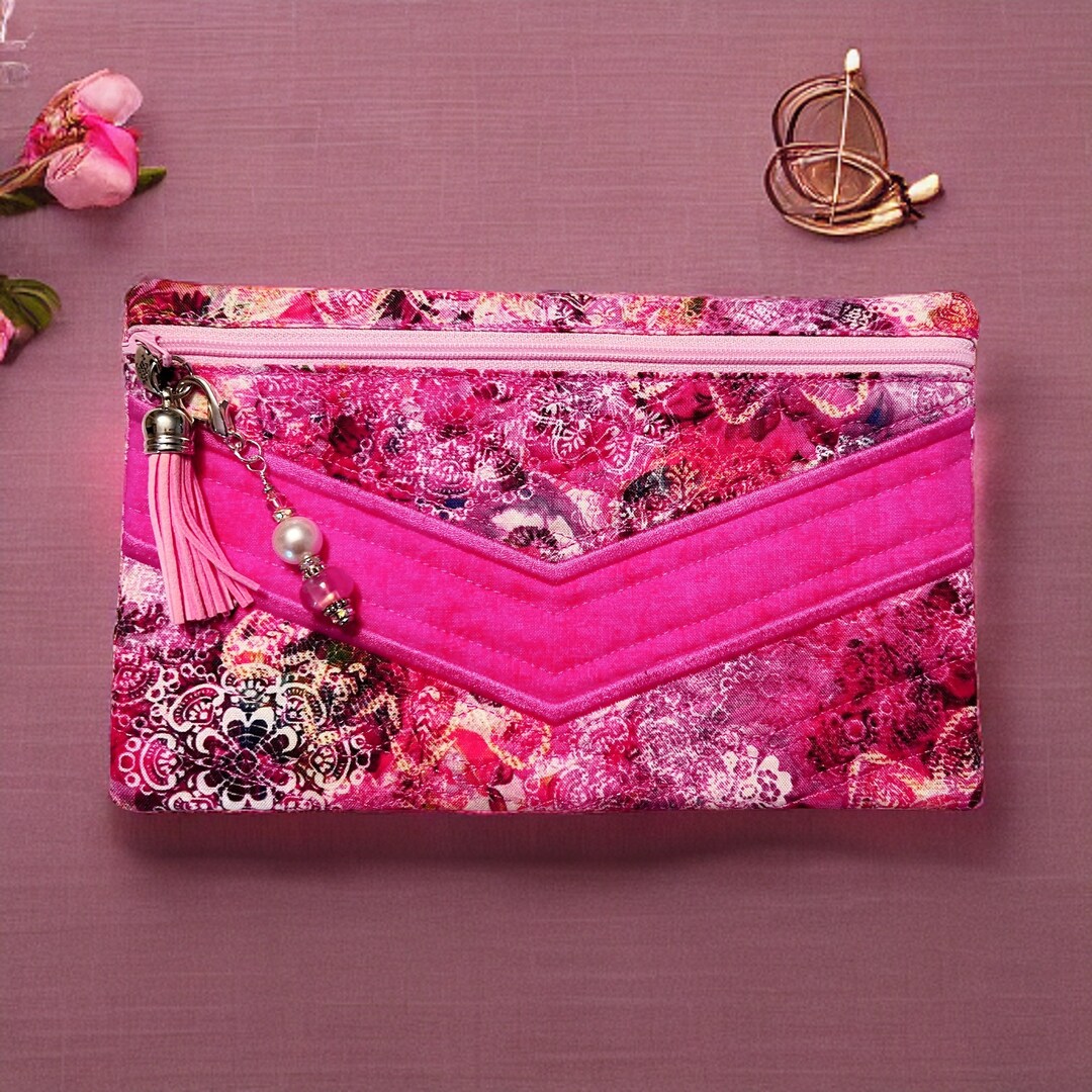 Make up Bag, Pink Floral Zippered Pouch, Wallet Purse, Elegant Cosmetic