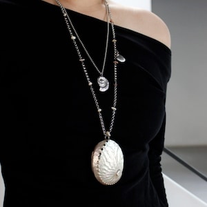 Shell Pendant Necklace, Stainless Steel Chain, Natural Statement Jewelry