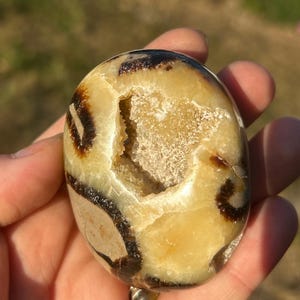 Pierre septarienne polie avec calcite – Pierre naturelle unique – Pierre de poche – Cadeau – Sélection