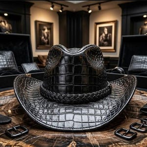 May include: A black cowboy hat featuring a textured crocodile skin pattern and a braided leather band around the base. The hat has a wide, curved brim and a pinched crown, showcasing a glossy finish that reflects light across its surface.