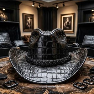 Op de afbeelding: Een zwarte cowboyhoed met een textuur die op krokodillenleer lijkt. De hoed heeft een gevlochten band en ligt op een houten oppervlak. Accessoires zoals gespen en portemonnees zijn ook zichtbaar.