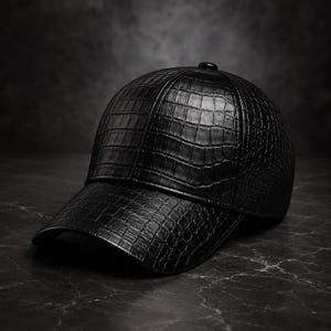 Pode incluir: Um boné de beisebol preto com um padrão texturizado de pele de crocodilo em toda a superfície. O boné tem uma copa estruturada, uma aba curva e um pequeno botão no topo central. O material apresenta um acabamento brilhante e escamoso.