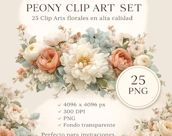 Blommig pion Clipart PNG, 25 blommiga element för bröllop, romantisk boho design, kommersiell användning, digital nedladdning
