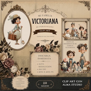 Puede incluir: Clip art digital "Mi Familia Victoriana" con 20 personajes inspirados en el siglo XIX. La imagen incluye ilustraciones de una familia, una niña con una maleta y detalles florales. Alta resolución.