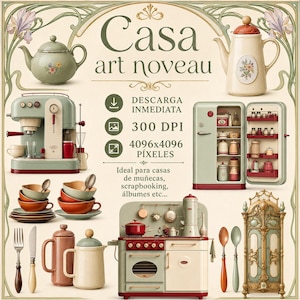 Può includere: Un'illustrazione in stile art nouveau con miniature di elettrodomestici e accessori da cucina. L'immagine include una macchina per il caffè, una teiera, un fornello, un frigorifero e vari piatti, tutti in colori pastello con decorazioni floreali. Il testo "Casa art noveau" è visualizzato in alto.