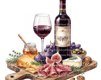 May include: A wooden charcuterie board featuring a bottle of red wine, a glass of red wine, a jar of honey with a dipper, sliced figs, grapes, olives, walnuts, almonds, sprigs of rosemary, sliced cheese, and folded cured meat slices.