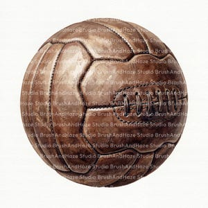 May include: A vintage-style brown leather football featuring a classic multi-panel construction with visible stitching and a central lace-up closure. The surface displays a weathered texture with varying shades of brown and tan throughout.